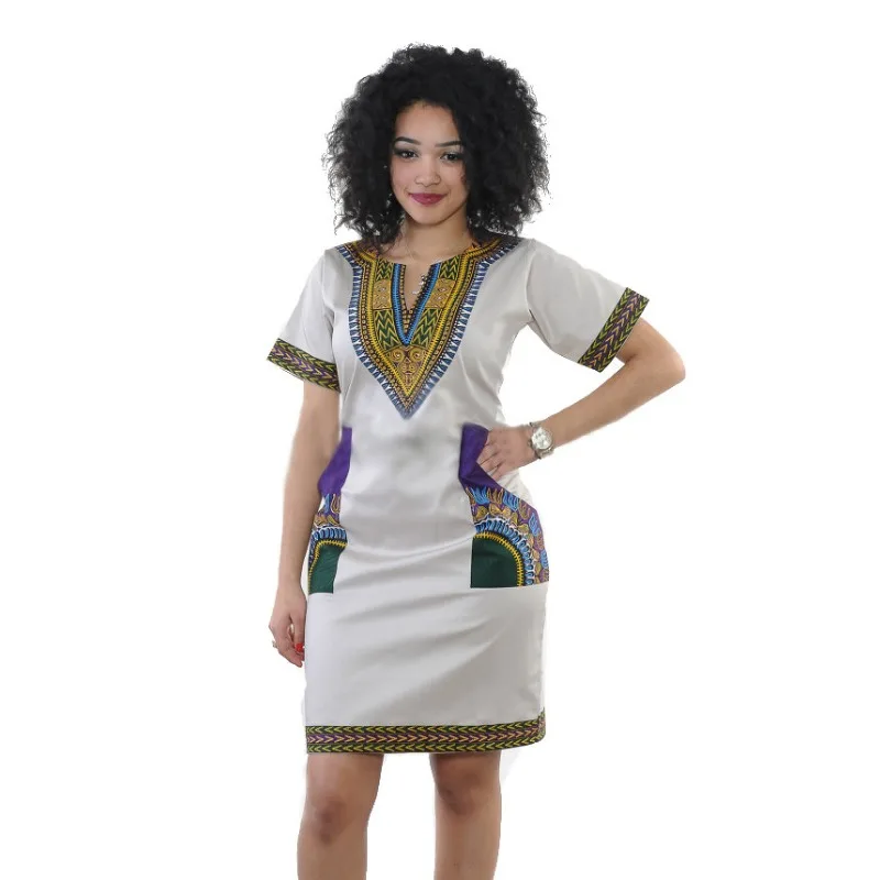 

Printed Sheath Dress V-neck Slim Fits Pockets Sexy Casual Dress Women Short Sleeve Fashion High Elastic Bodycon Dress