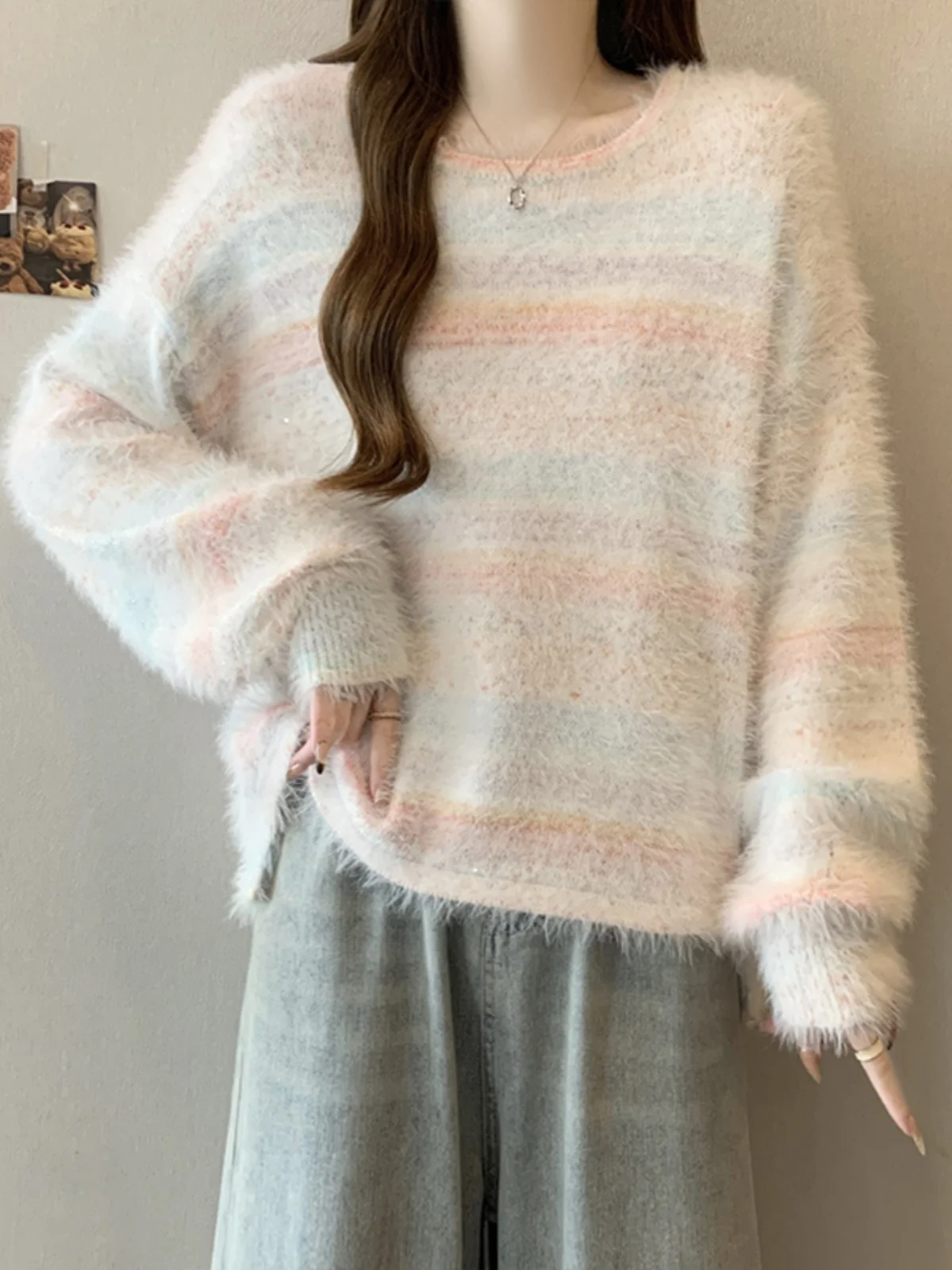 Color Stripe Short Front and Long Back Dalang Sweater Outerwear Women Autumn Winter Outer Wear Chaoshan Knit Top Plus siz...