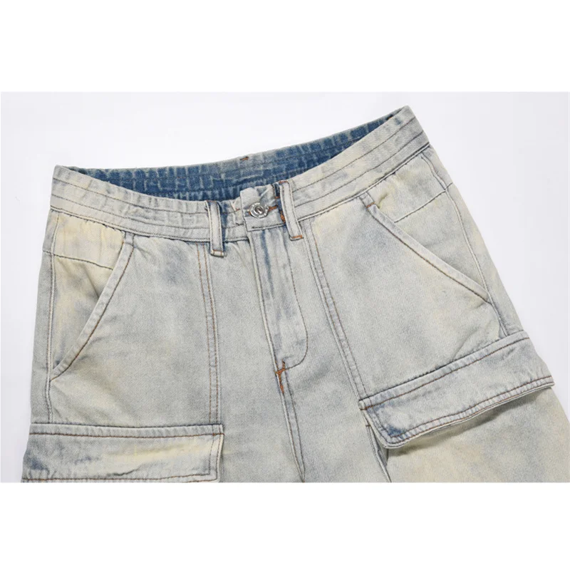 Streetwear Men 2022 Big Pocket Loose Broad Leg Blue Jeans Autumn and Winter New Pattern Casual Yellow Mud Dyeing Trousers Female