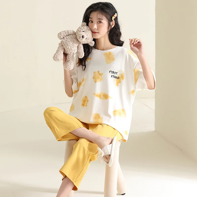 Cotton Pajamas Women's Summer Thin Short-sleeved Cropped Pants Loose Large Size Home Service Suit Breathable and Soft Loungewear