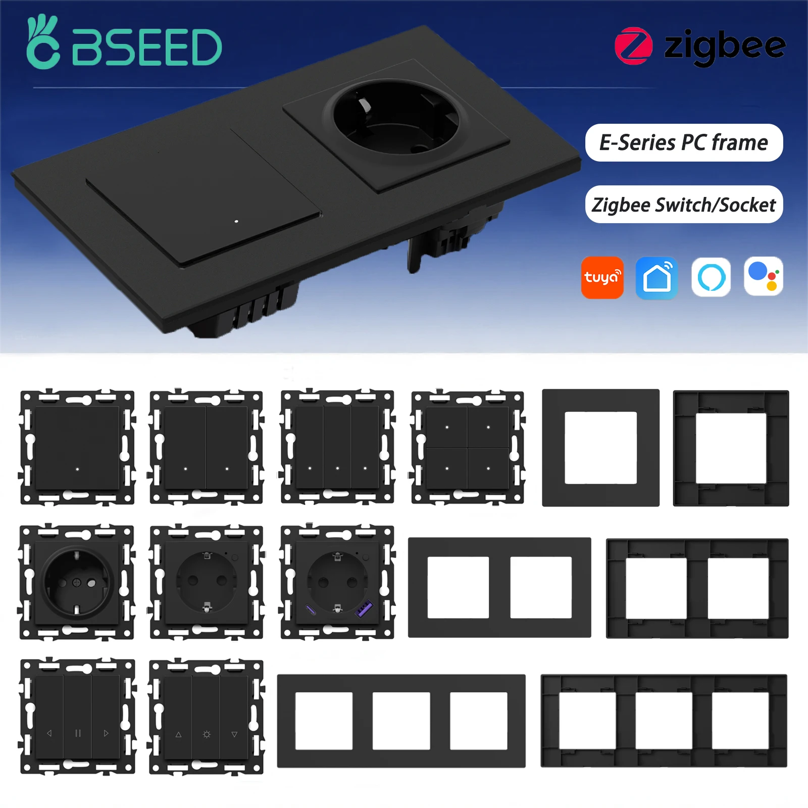 Фото BSEED Zigbee Click Light Switch Part 1/2/3/4Gang 2-позиционный переключатель Функция DIY Часть ЕС Умные розетки Пластиковая рамка Черный цвет №1