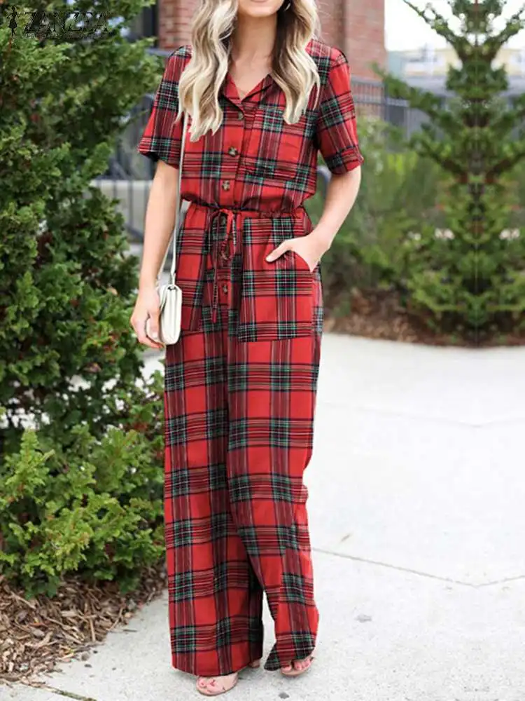 

ZANZEA Summer Jumpsuits Women Plaid Checked Overalls Vintage Lapel Neck Short Sleeve Rompers Loose Long Drawstring Playsuits