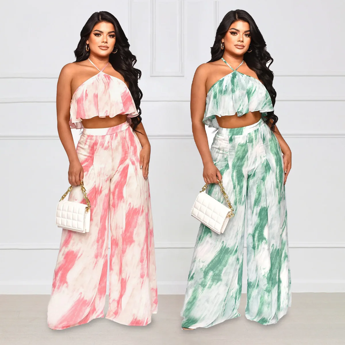 

Women Sets Casual Backless Sexy Hanging Neck Wipe Chest Tops+temperament Loose Printed Trousers Two-piece Set Womens Outifits