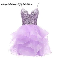 angelsbridep spaghetti straps short homecoming dress tulle prom dress beaded bodice sequins party gown 8 grade graduation dress