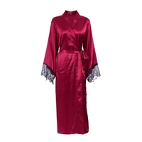 womens long satin robes with black lace trim wine red kimono style dressing gown lounge open front home wrap