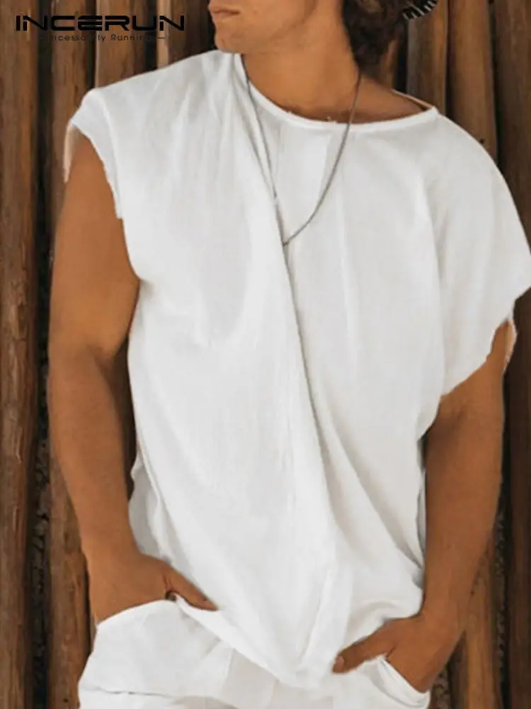 

Футболка INCERUN мужская повседневная, свободная рубашка из хлопка, с круглым вырезом и коротким рукавом, однотонная, лето 2022