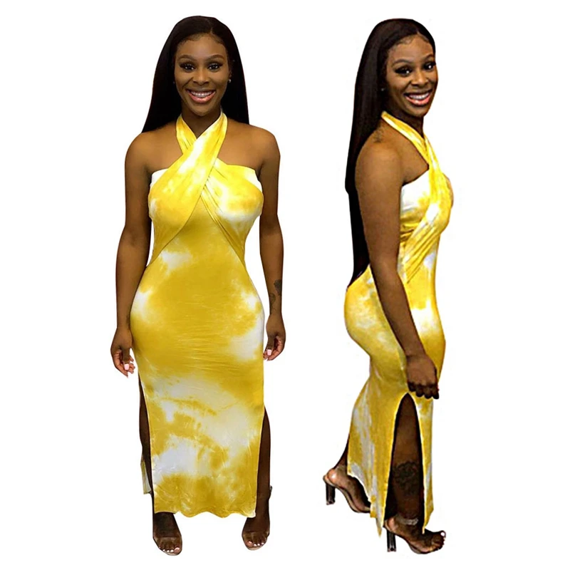 

Tie Dye Sexy Summer Dress Women Split Strapless Bodycon Long Dress Pleated Sleeveless Female Maxi Dress