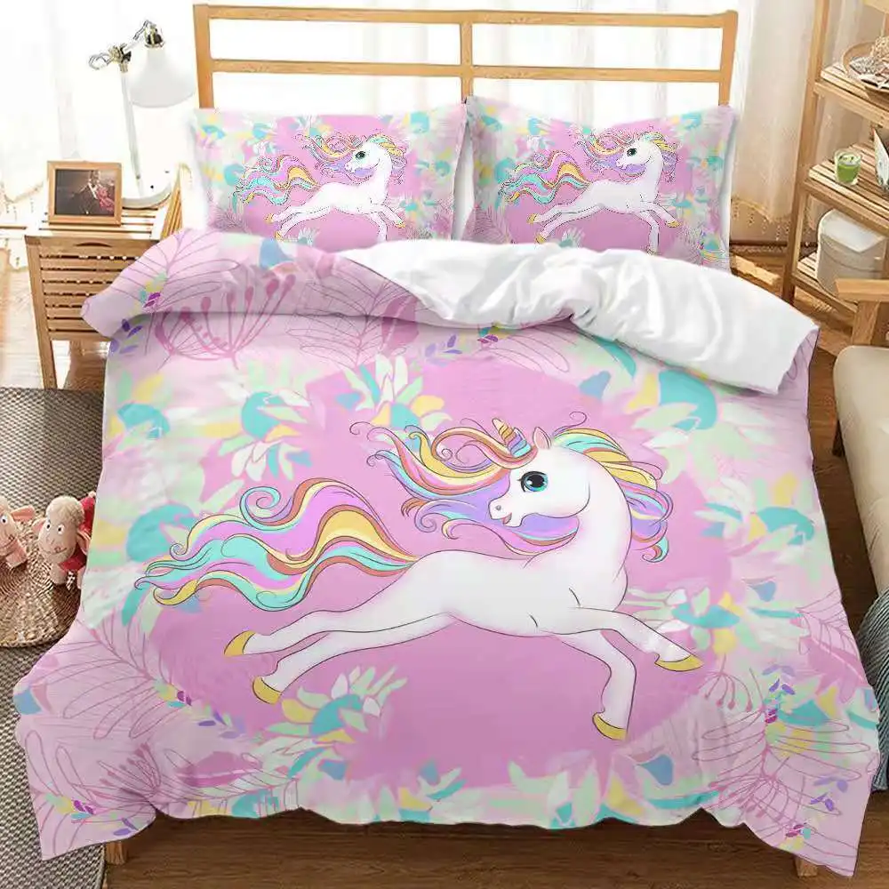 

Unicorn Bedding Set King Queen White Pink Unicorn Duvet Cover for Girls Kids Dreamy Cartoon Polyester Quilt Cover