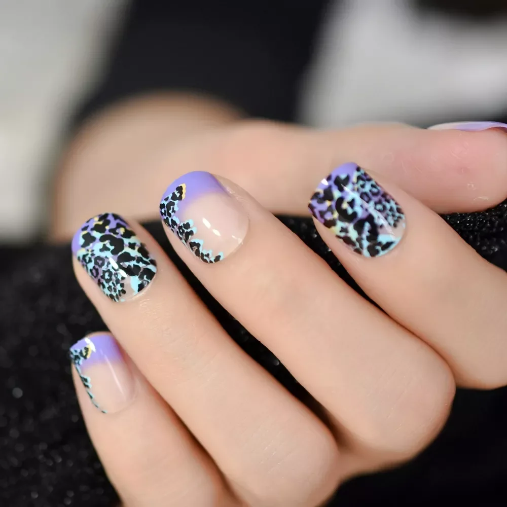 

2023NEW Nude Purple French False Fake Nails Press on Leopard Nails Art Tips Daily Office Finger Wear Manicure Tool