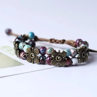 ethnic style vintage alloy flower ceramic bead bracelet national beautiful woven adjustable handmade student jewelry