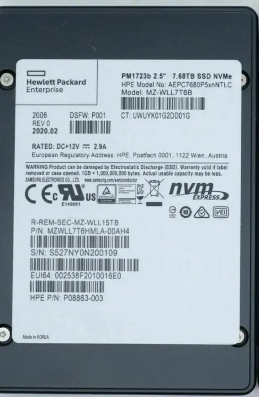 

Samsung 7.68TB PM1723b SSD NVME MZ-WLL7T6B U.2 MZWLL7T6HMLA-000H3 HPE 2.5" SSD