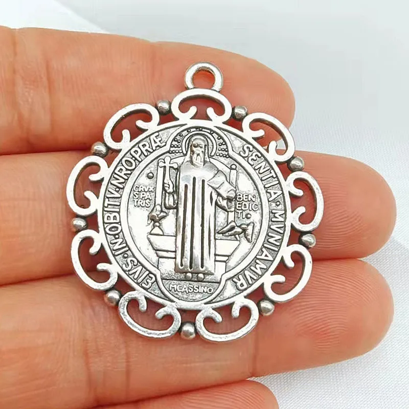 

2pcs Metal Carved Macrame Sacramental Pendants Saint Benedict Crosses Crucifix Charm DIY Jewelry Handicraft Making 37*32mm