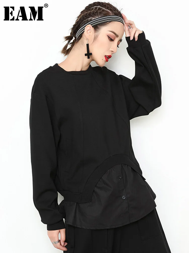 

[EAM] Женская Черная Повседневная футболка с асимметричными карманами на пуговицах, новая модная футболка с круглым вырезом и длинными рукавами, весна-осень 2023, 1DF4746