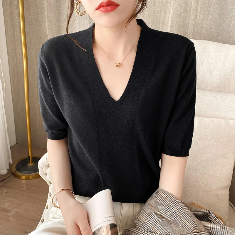 

Женский свитер из 100% хлопка с коротким рукавом, летний пуловер с V-образным вырезом, модная футболка в Корейском стиле KS2515