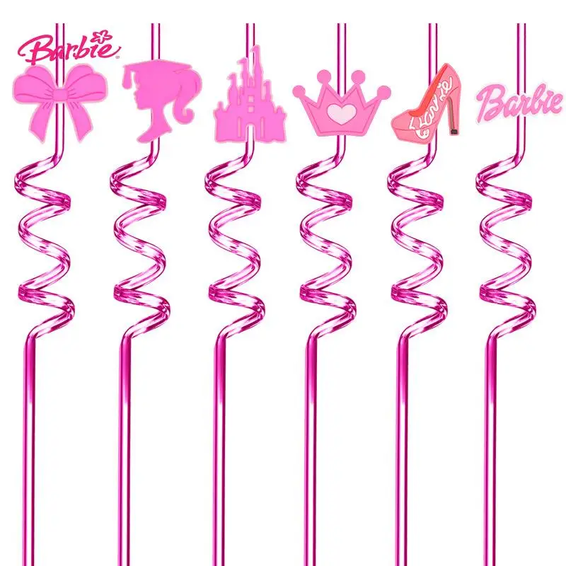 

1Pcs Miniso Barbie Princess Party Straw Reusable Children's Anime Cartoon Kawaii Cute Plastic Curved Straw Drink Water Quickly