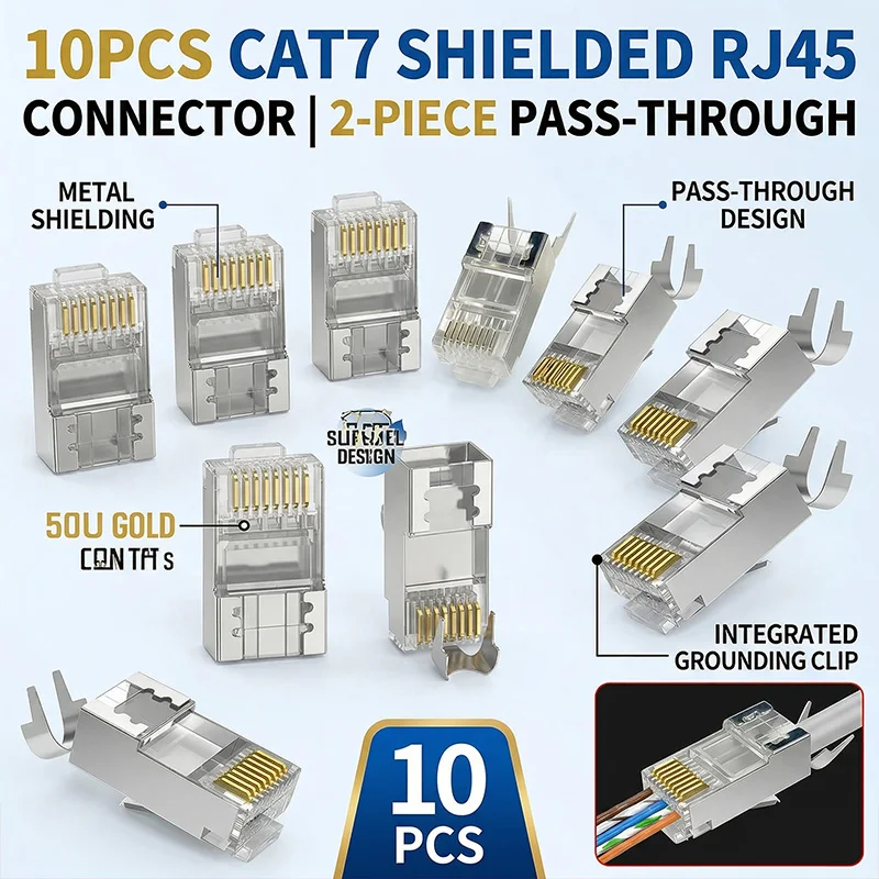 Фото 10 шт. экранированных разъемов Cat7 RJ45, модульные разъемы с пропускной способностью 10 Гбит/с, металлическим корпусом и позолоченными контактами для кабелей Ethernet №1