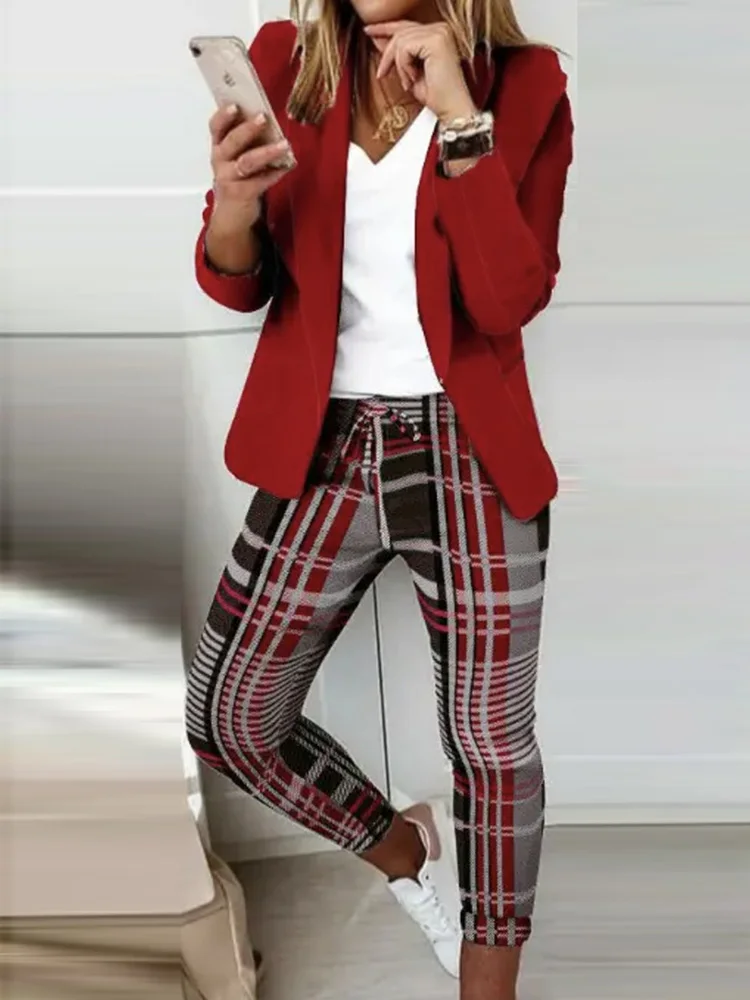 

Women Printing Spring Autumn Two Pieces Matching Set 2022 Slim Fit V-Neck Blazers Elastic Pencil Pants Ladies Outfit Streetwear