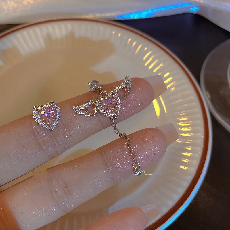 

Y2K Angel Wings Pink Heart Earrings Asymmetric Long Tassel Pink Crystal Love Earring Korean Sweet Aesthetic Earrings Jewelry