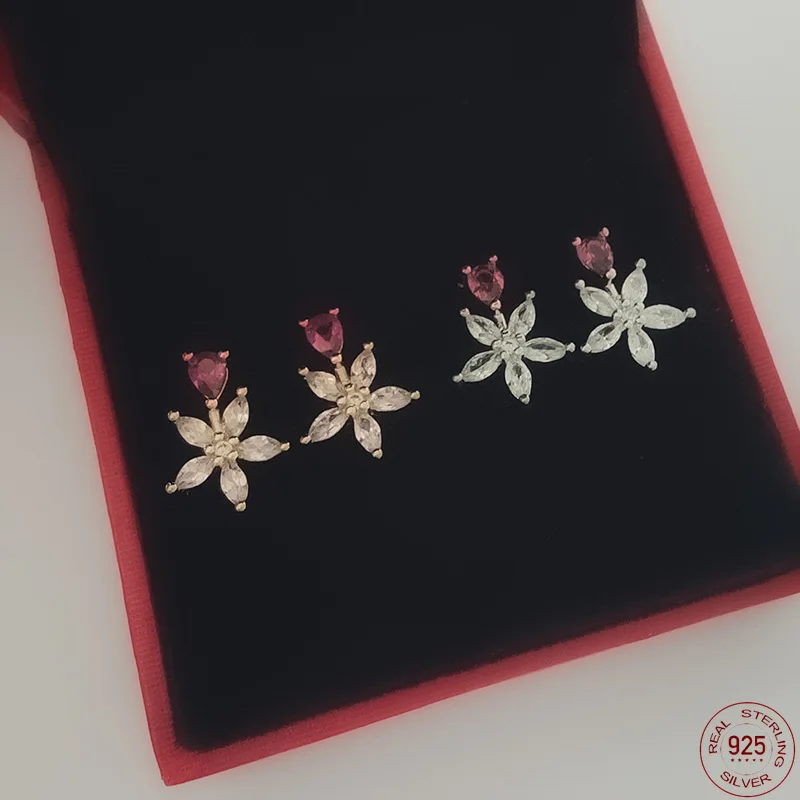 

Romantic Delicate Silver Color White Flower Stud Earring With Pink CZ Gold Color Earring For Cute Girls Lady Women Shiny Earring