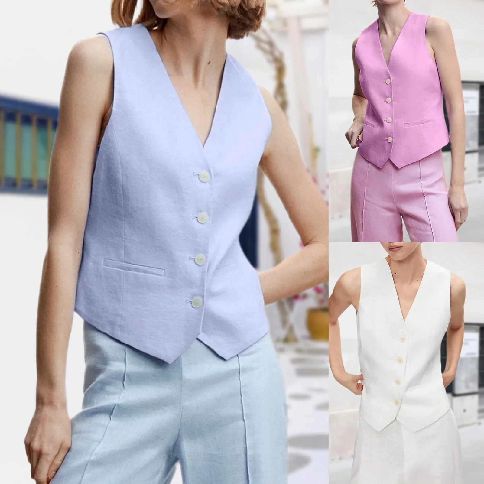 

Women Vest Crop Top Solid Color V Neck Sleeveless Top Single Breasted Basic Waistcoat Casual Style Elegant Office Work Suit