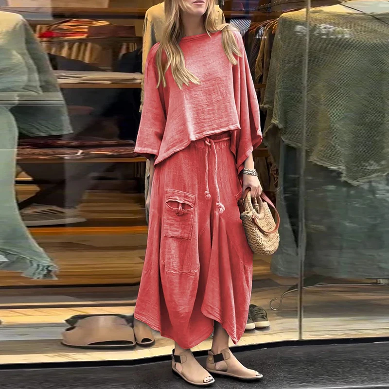 Женский Повседневный комплект из 2 предметов однотонный хлопково-льняной топ с