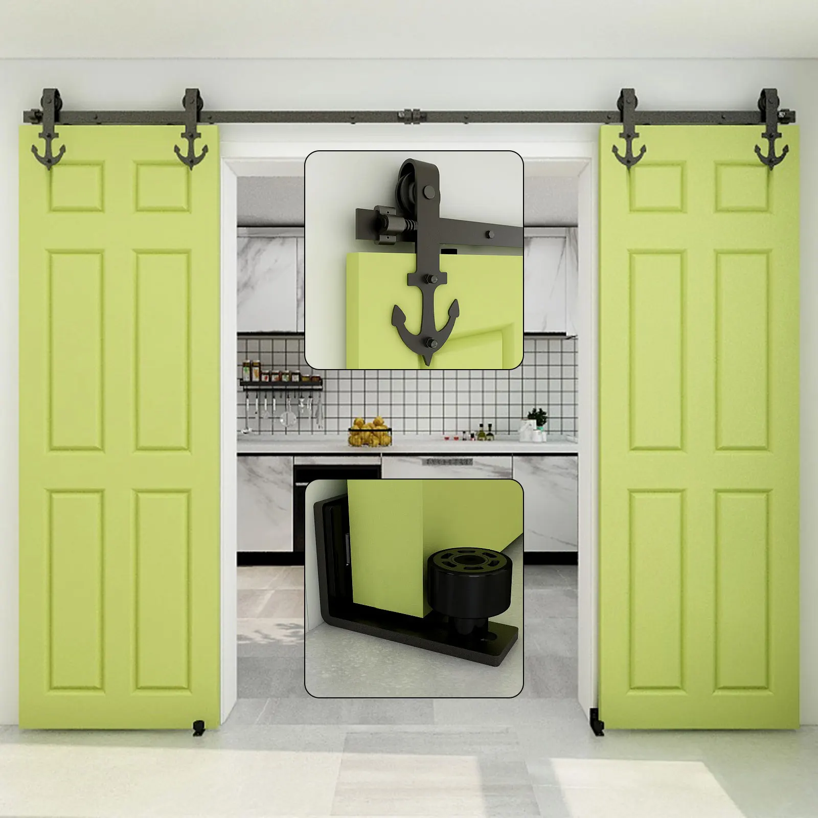 

Sliding Barn Door Hardware Kit Heavy Duty Smoothly and Quietly Easy to Install Fit Double Door Panel Anchor Roller Hangers Black