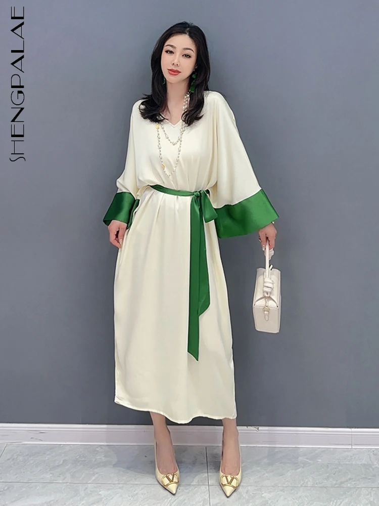 

SHENGPALAE корейское модное повседневное Свободное платье с длинным рукавом элегантное шикарное женское платье с v-образным вырезом Vestido 2023 Осенняя новая одежда R3043