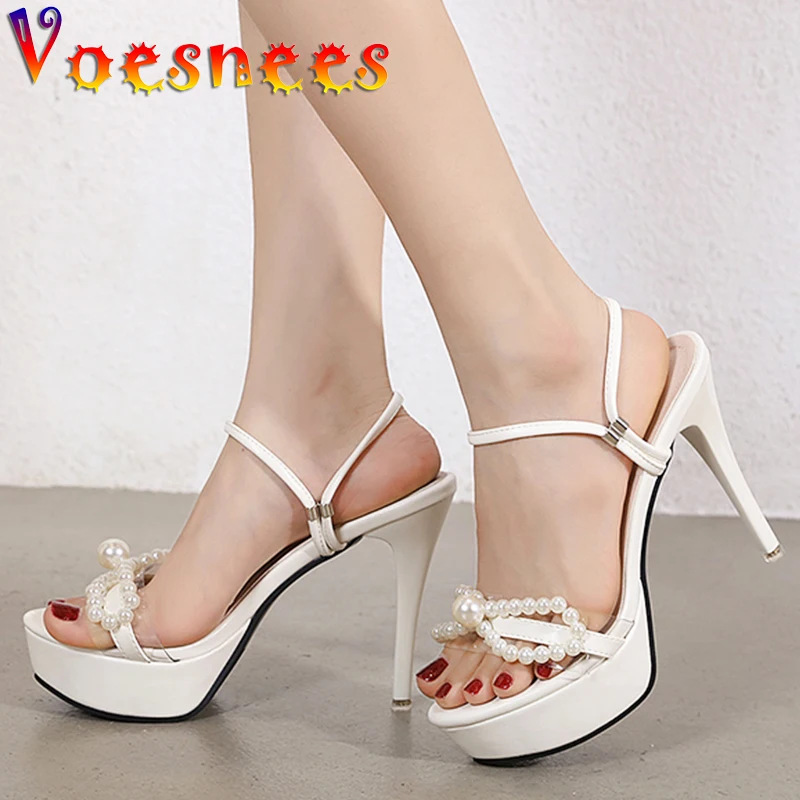 

Summer Fairy Style Slip-On Thin Heels Sandals Sweet Pearl Butterfly-Knot Platform Super High Heels Peep Toe Wedding Women Shoes
