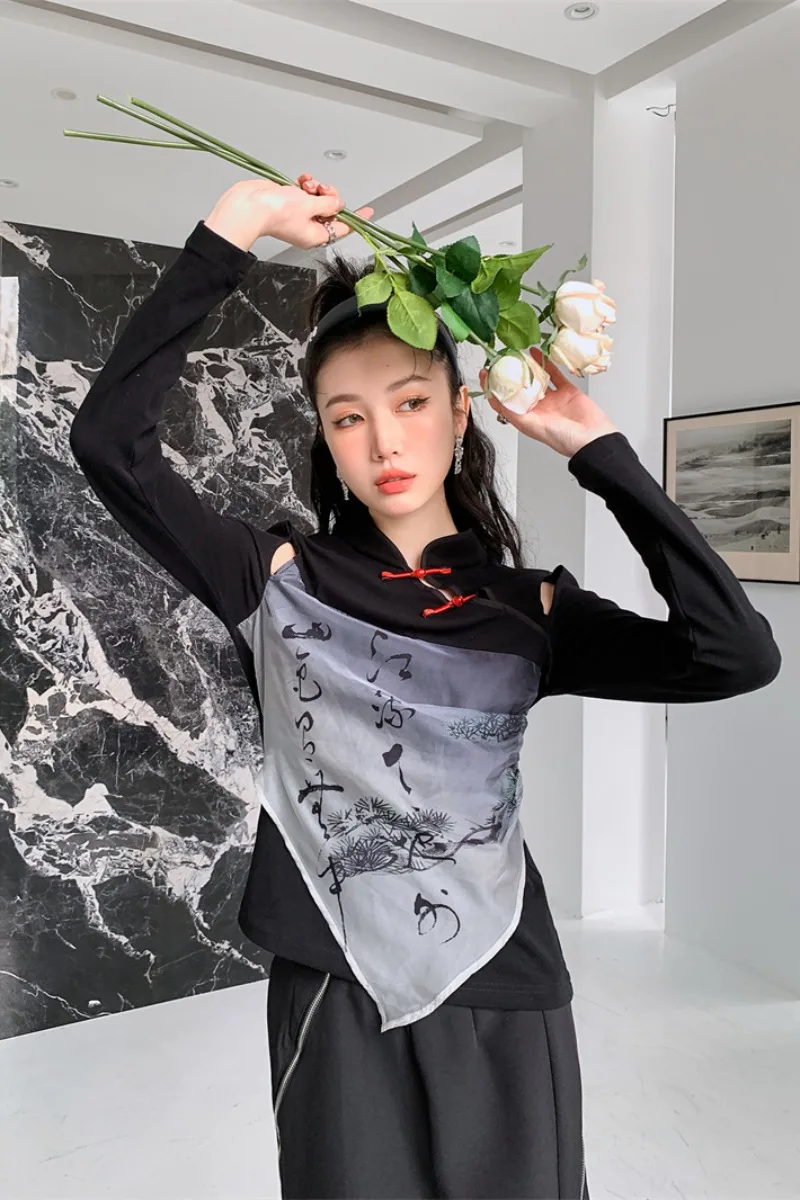 

ZCSMLL Женские топы с круглым вырезом и длинным рукавом в китайском стиле, новинка 2022, корейская мода, тонкая черная футболка на весну и лето
