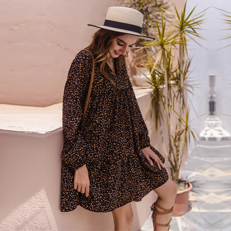 

Autumn Winter Print Dress Women Casual V Neck Print Above Knee A Line Dress For Women 2020 New Fashion