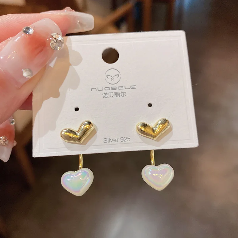 

925 Silver Needle Mermaid Ji Pearl Love Earrings Small And Fresh Girl Heart Sweet