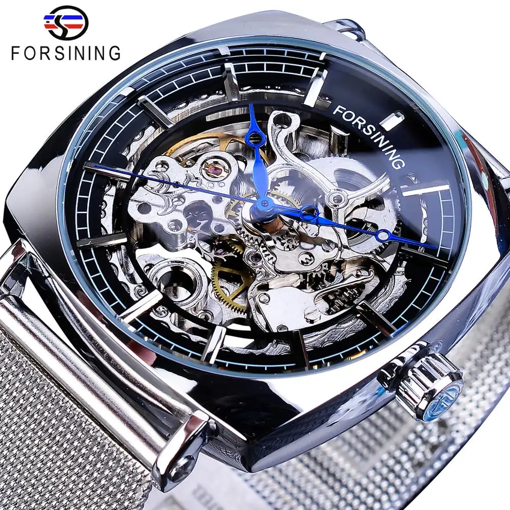 

2022 New Fashion Mechanical Watch For Men Square Automatic Skeleton Analog Silver Slim Mesh Steel Band Watch Relojes Hombre