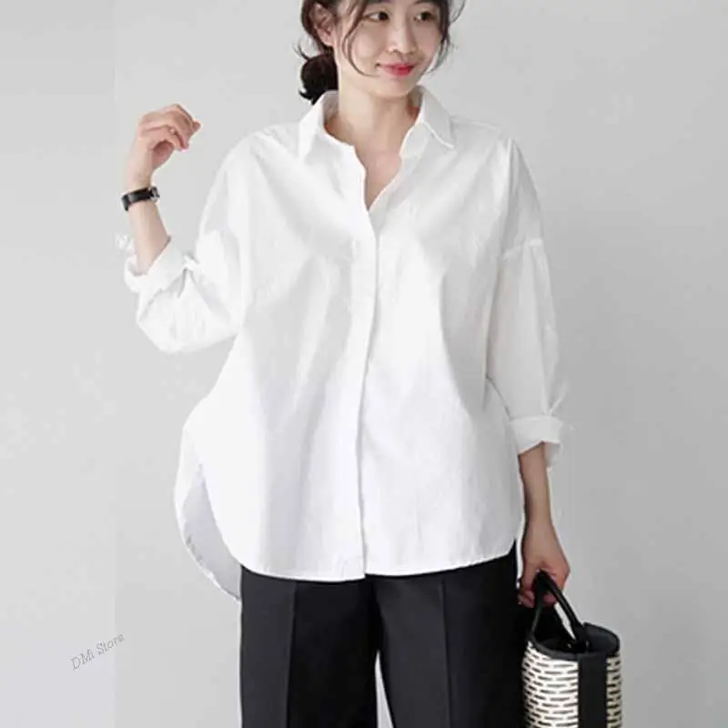 

DIMI Women Shirts Casual Loose Button Shirt Tops Female Clothing Office Lady Cotton White Blouse Women Long Sleeve Loose