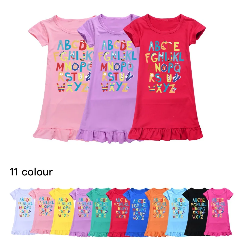 Children's Alphabet Lore Nightdress Summer Cotton Dress Girls Short-Sleeved Nightgown Clothing Kids Home Wear Pajamas Skirt