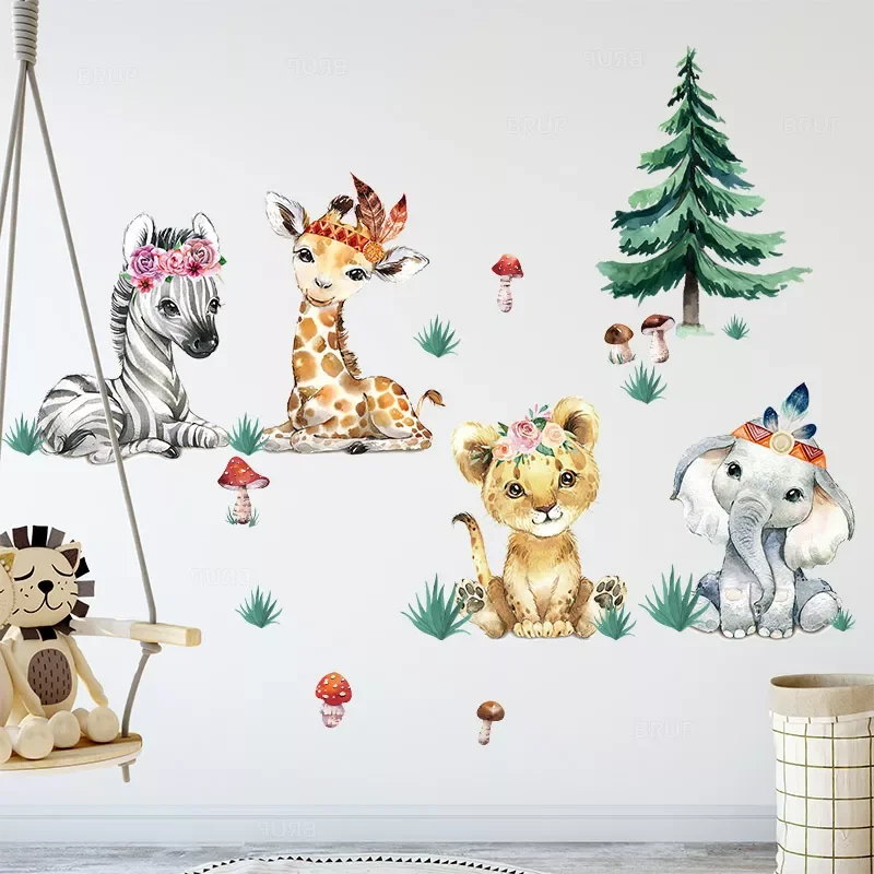 

Watercolor Cartoon Africa Animals grassland Wall Stickers for Kids Room Baby Nursery Room Decoration Elephant Giraffe Stickers