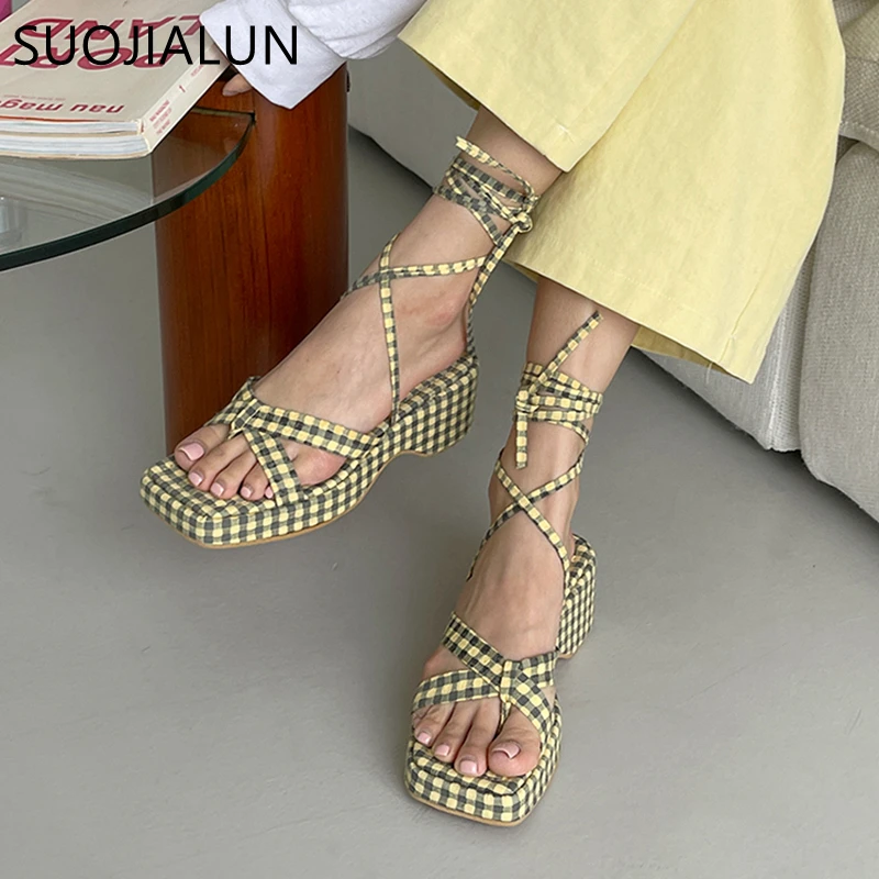 

SUOJIALUN 2022 Summer New Women Sandal Fashion Plaid Wedge Thick Heel Platform Slides Narrow Band Ankle Lace Up Ladies Dress Sho