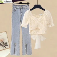 spring and summer womens suit 2022 new style foreign style slim fit slim top high waist jeans two piece elegant womens suit