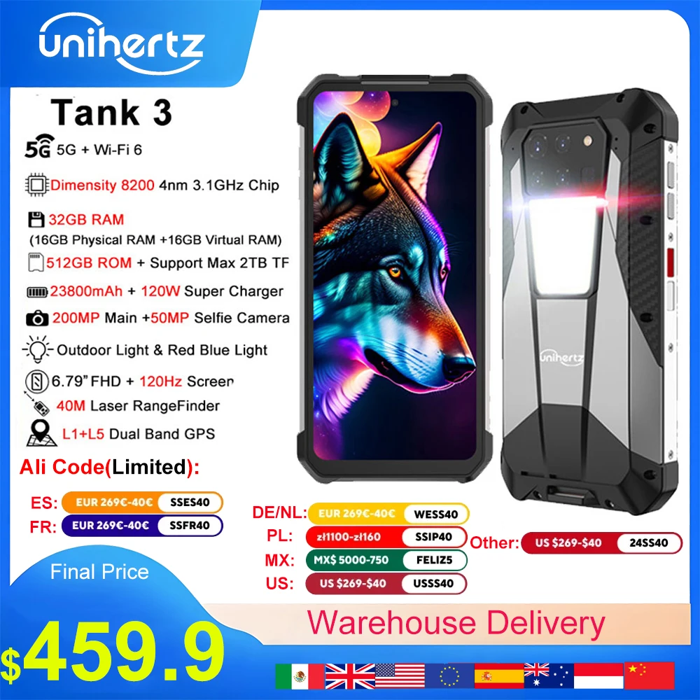 Прочный смартфон Unihertz Tank 3 by 8849, 32 ГБ, 512 ГБ, 23800 мАч, 120 Вт,  зарядное устройство, яркость 8200, фототелефон 120 МП, Гц | AliExpress
