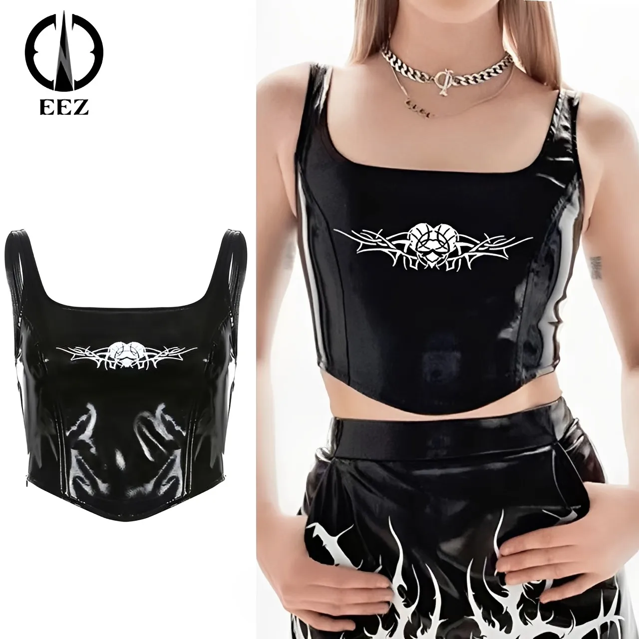 

【Side Zipper】Black PU Faux Leather Camisoles Abstract Graphic Print Tunic Top Sleeveless Crop Top Streetwear Coquette Tank Vest