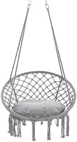 

Chair Hanging Rope Swing - 1 Cushion Included-Large Macrame Hanging Chair with Pocket- Quality Cotton Weave for Superior Comfort