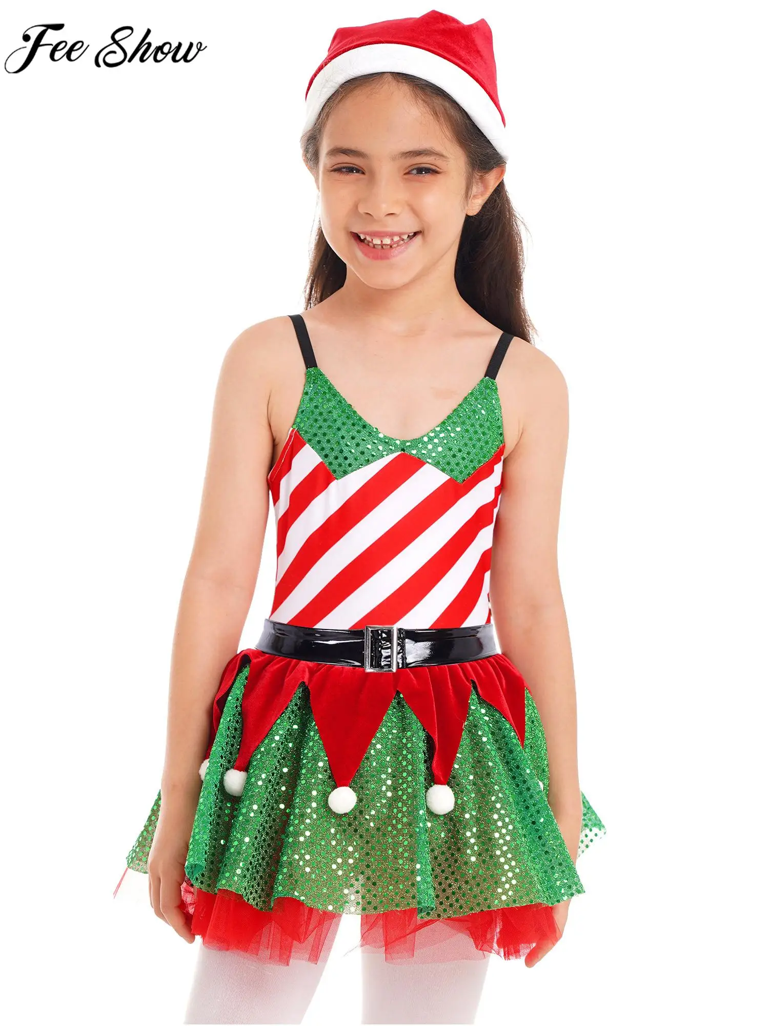 

Рождественское платье для косплея для девочек, Рождественская тематическая вечеринка, костюм Санта-Клауса ролепальца, без рукавов, с блестками, полосатый трико, пачка с поясом, шапка