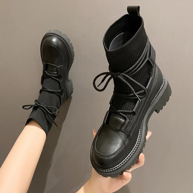 

Boots Woman Autumn And Winter 2022 Fashion Sock Boots British Style Shoes for Platform Shoes Martin Fashion Lacing Ankle Boots