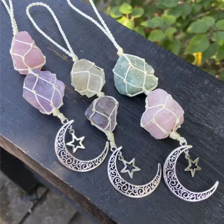 

Natural Healing Crystal Pendant Hanging Car Charm Amazonite Quartz Dangling Moon Natural Gem Stone Outdoor Garden Decor Crystals