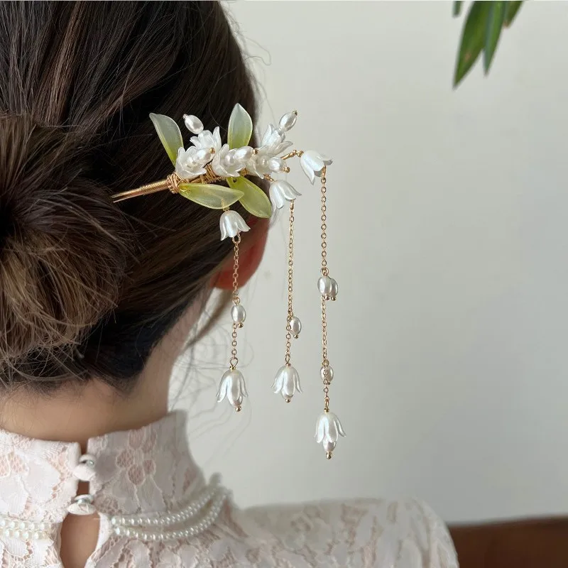 

2023 New Pearl Tassel Bell Orchid Hair Sticks Female Elegant Metal Hairpin Hairpin Headdress Hair Accessories Gift
