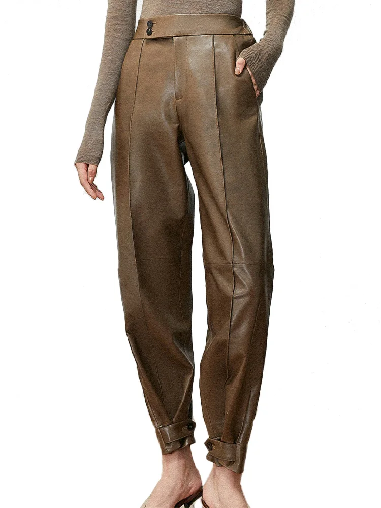 

2022 Za Women Casual Traf Trousers Autumn 3 Ways Buttons Ankle Length Straight Pants OL Style Faux PU leather Pants