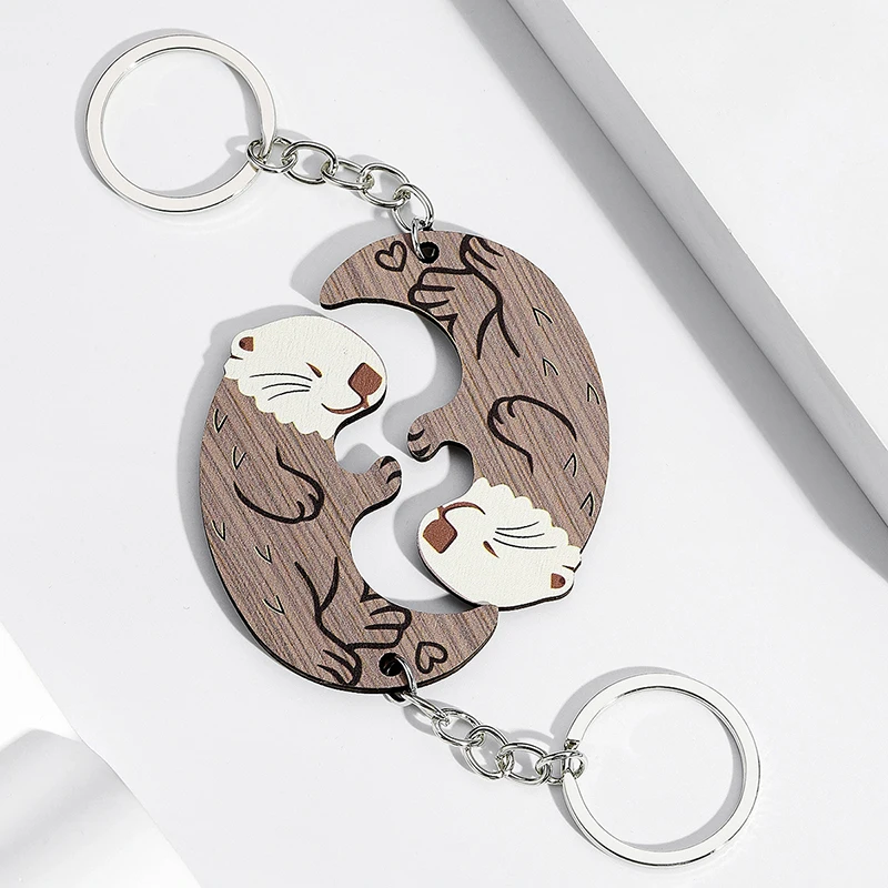 

C2 2piece Creative Wooden-Keychain Otters Shape Pendant Keyring Matching Puzzles Couple Keychain For Backpack Valentine'S Day