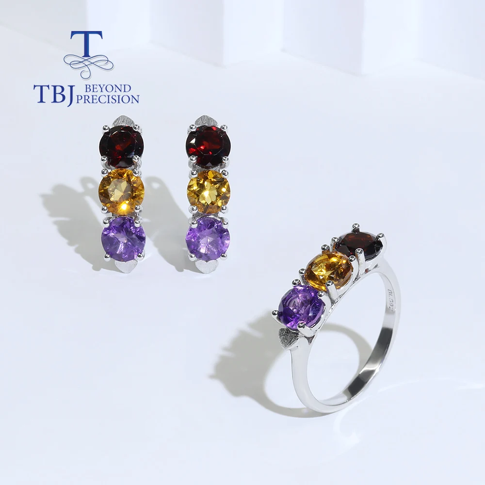 

2023 New 925 Silver Jewelry Set Natural mix gemstones Round 6mm clasp earrings rings Classic designs for women wife nice gift