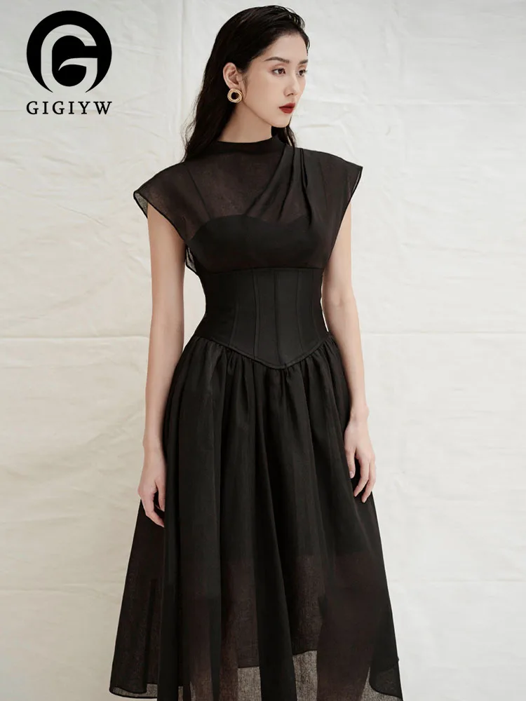 

Весна 2023, новинка, женское платье GIGIYW без рукавов, с круглым вырезом, со складками, шикарная вечерняя модная женская одежда