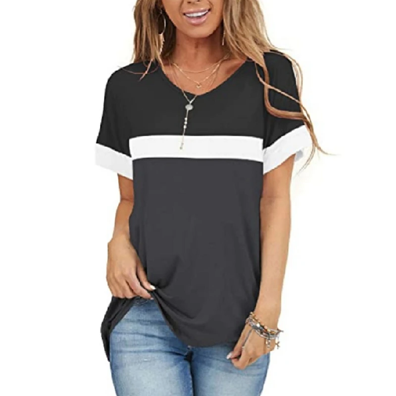 

Women's Solid Color Round Neck Short Sleeve Hit Color Stitching T-Shirt Top