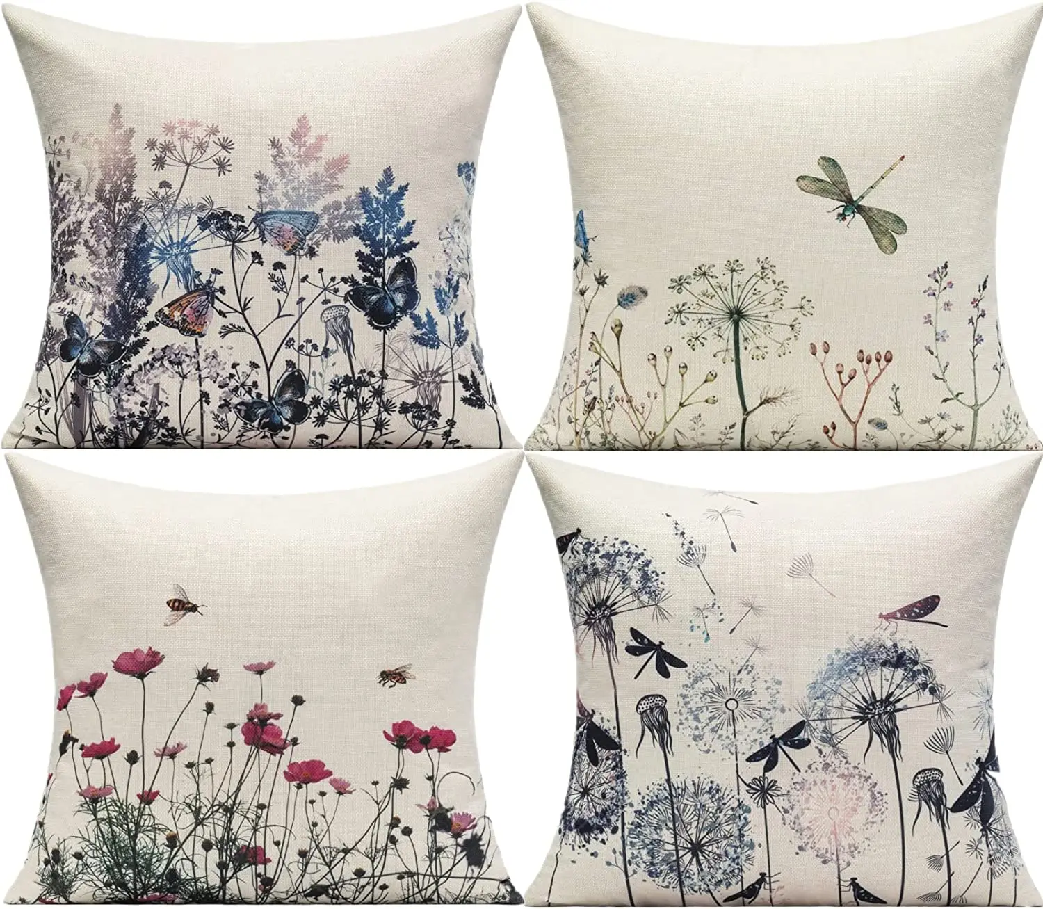 

4pcs/set Outdoor Spring Boho Flowers Throw Pillow Covers Patio Furniture Bee Butterfly Dragonfly Decorative Cushion Cases Garden
